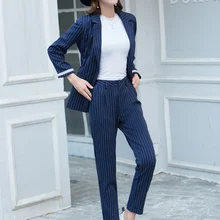 2018 Fashion Pant Suits 2 Piece Sets Women Striped Jacket & Zipper Pant Office Lady Work Uniform Female Outfits Feminino