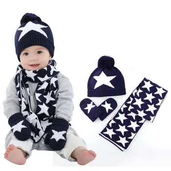

Boy Girl Hat Scarf And Gloves Set Children Knitted Cap Baby Fall Winter Fashion Kids Hats Boys Star Print 3 Pieces Sets B0751