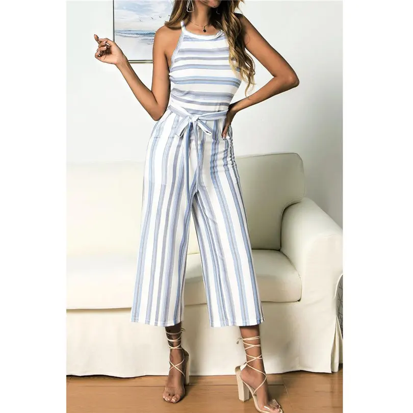 New Fashion Women Summer Sexy Sleeveless Multicolour Striped Jumpsuit Clubwear Wide Leg Pants Outfit Long Pants Jumpsuit #4A18 (22)
