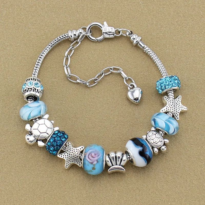 Океанский стиль синий кристалл/стекло Beadas Шарм Pand браслеты и браслеты с бусинами, в европейском стиле для женщин подарок BT0005