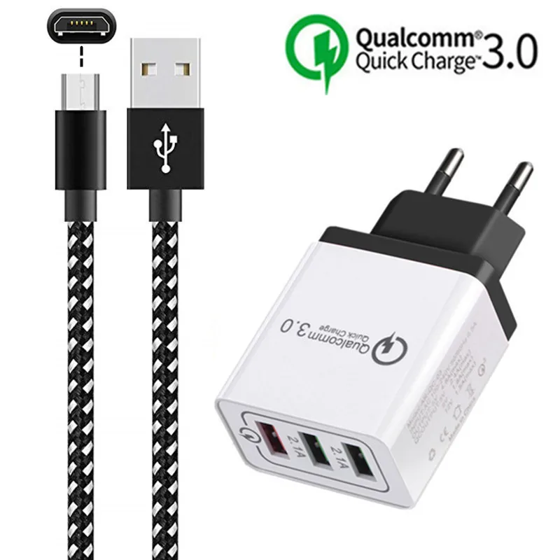 

QC 3.0 Quick Charge Adapter EU Charger & Micro USB data Cable For Samsung A10 huawei P Smart 2019 Redmi Note 7 ZTE Android Phone