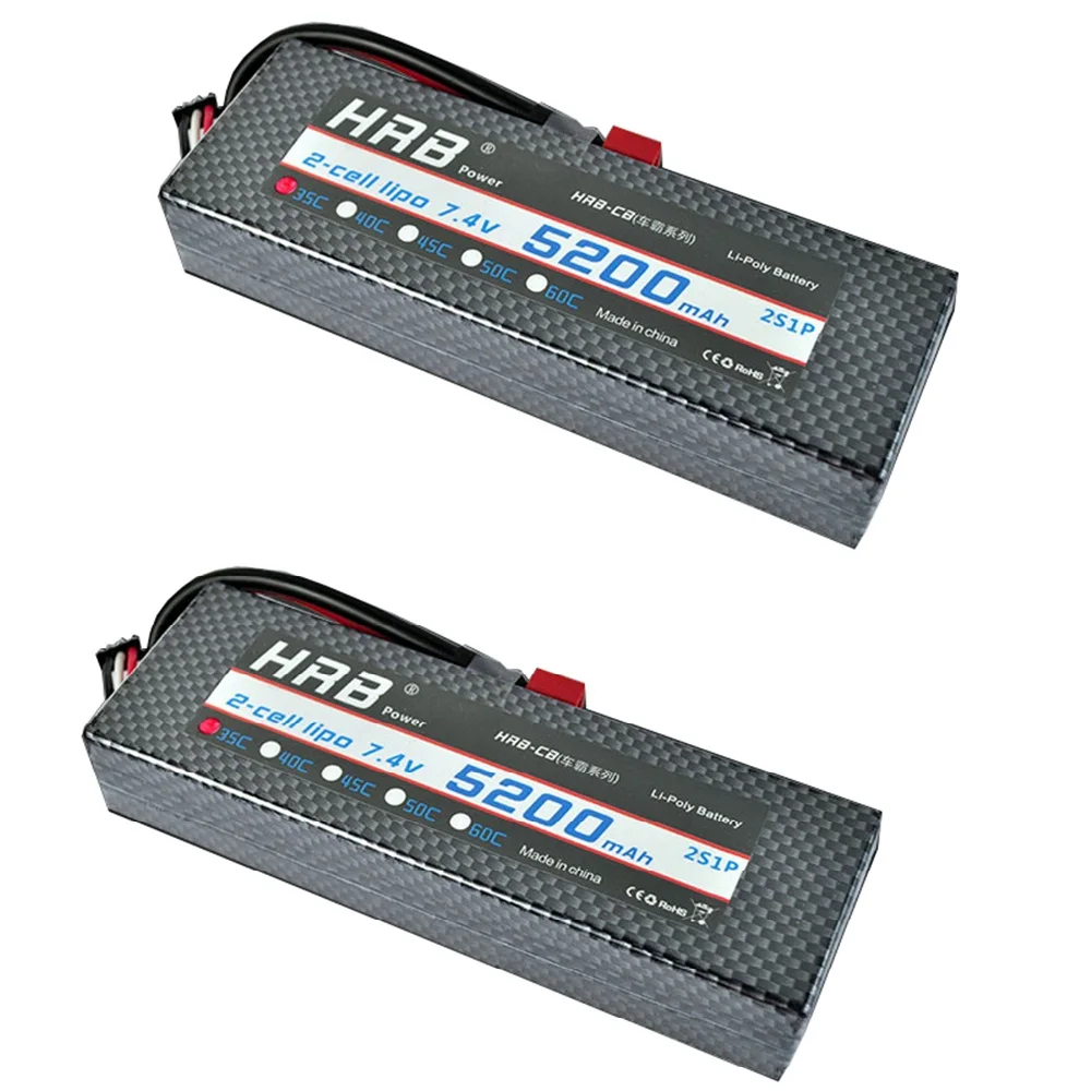 

2pcs HRB 7.4V 5200mah Lipo Battery Hardcase 2S 35C XT60 EC5 T Deans 1/10 1/8 Scale For Traxxas Slash 4x4 RC Cars Hard Case Parts