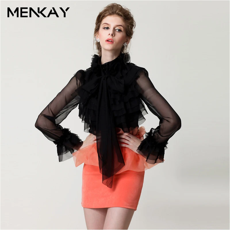 

[MENKAY] 2019 Spring Solid Color Bow Knot Collar Layered Ruffles Lace Mesh Long Sleeve OL Shirt Women New Korean Fashion