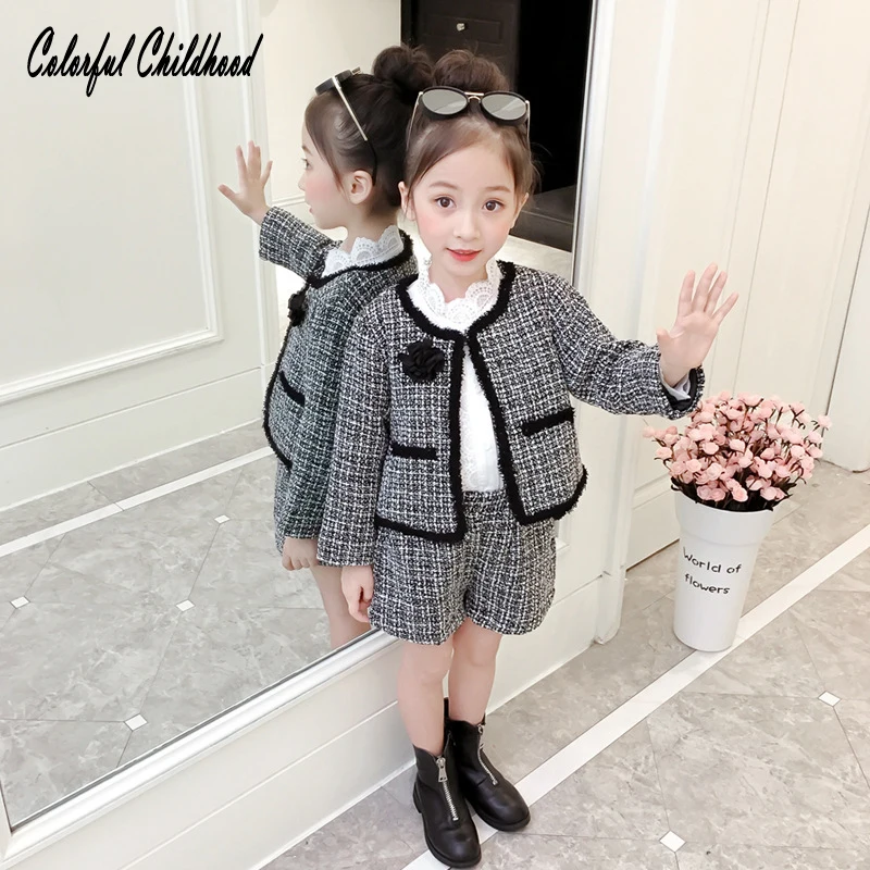 

2018 New Autumn Clothes Sets Black Plaid Cardigan Coat +plaid Shorts 2 Pieces Sets Little Baby Princess Fashion Autumn Clothing