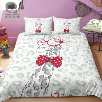 

BOMCOM 3D Digital Printing Hand Drawn Sketch Giraffe with Bow-knot Sunglasses Abstract Giraffe Skin Background bedding set