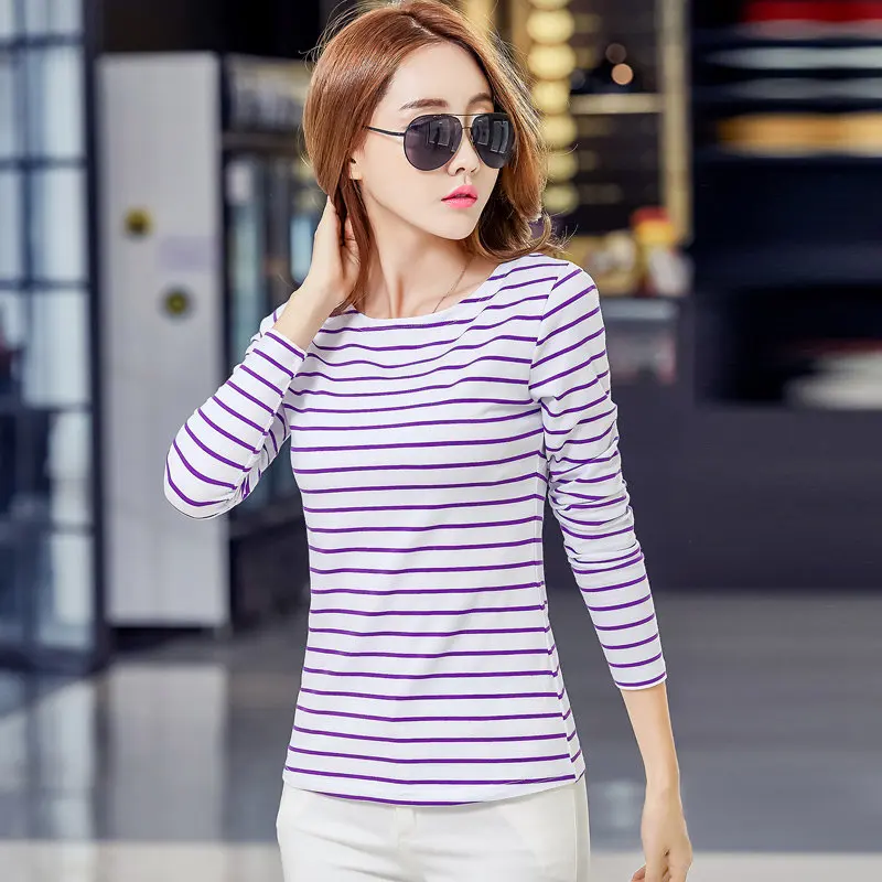 Женская футболка, женская футболка, полосатая футболка с длинным рукавом, повседневные женские топы, черные, белые,, весна, осень, тонкая Мода C2 - Цвет: 801 purple