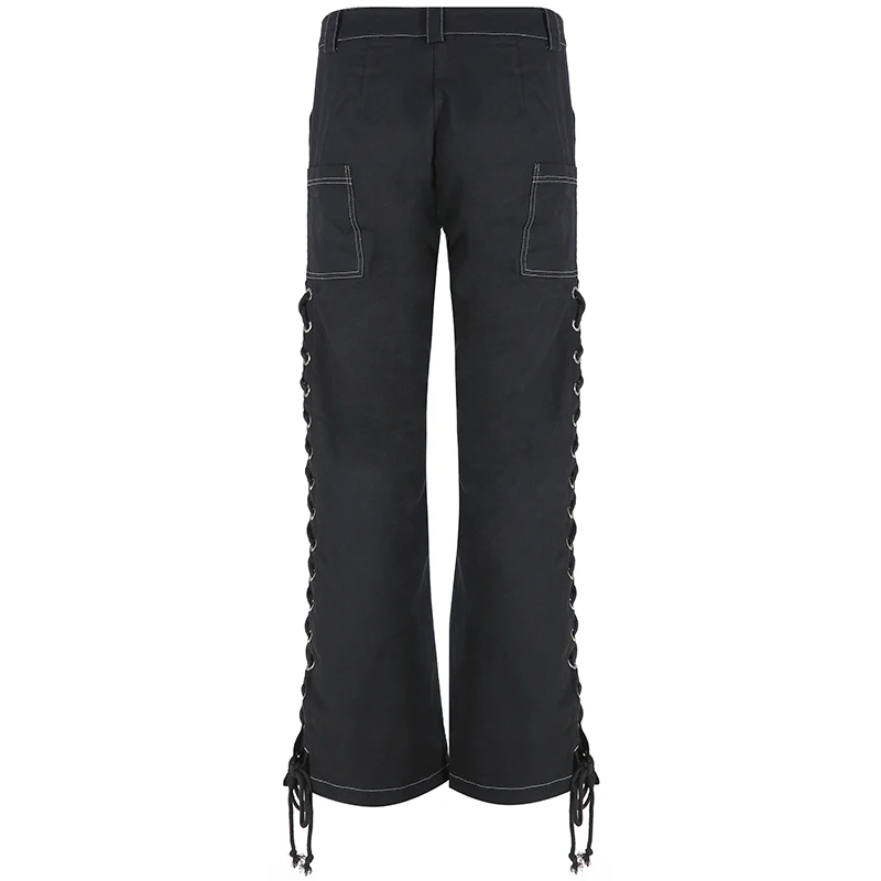 Iamhotty/черные женские брюки с вырезами и веревкой; Повседневные Удобные брюки-карго; модные джинсы с средней талией