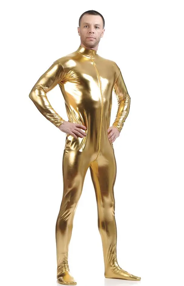 Cosplay&ware Ensnovo Men Latex Suit Black Shiny Metallic Tights Gold Zentai Full Body Unitard Custom Skin Bodysuit Zipper Front -Zentai shop online