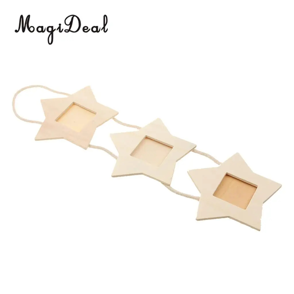 MagiDeal Rustic Wooden Stars Triple Hanging Photo Frames DIY Pictures Album Stand Kraft Home Wedding Engagements Decoration 