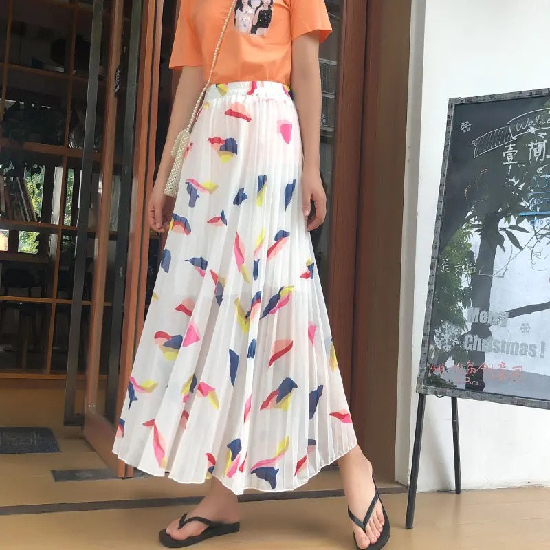 

Elegant Summer Skirts Women High Waist Colorful Feather Printed Chiffon Pleated Skirt Ladies Beach A-Line Midi Skirt Large Hem