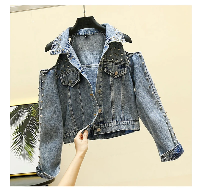 lower price  European Vintage Off Shoulder Jean Jacket Woman Rivet Loose Coat Long Sleeve Denim Jackets Sexy Off