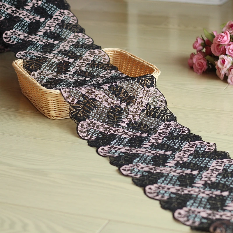 

18.5cm wide 2 yds/lot, Black + pink Handmade Hair Decoration Wide Elastic Stretch Lace Trim wedding dress skirt lace trim