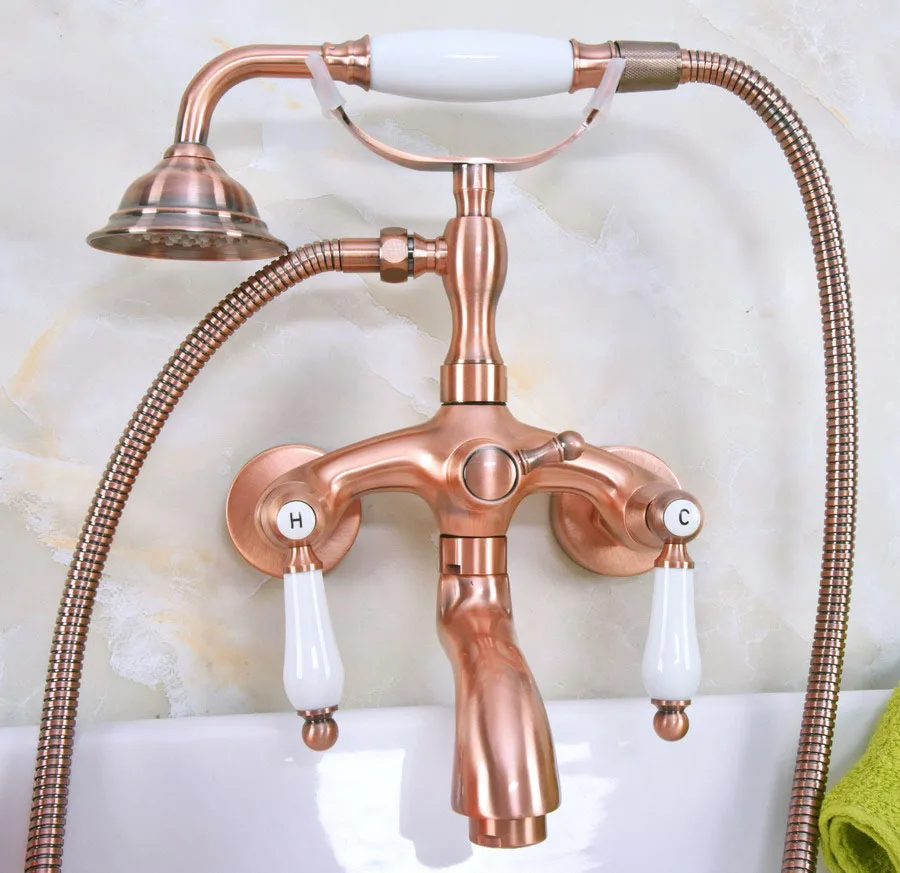 

Antique Red Copper Brass Dual Ceramic Handles Wall Mounted ClawFoot Bath Tub Faucet Mixer Tap With Hand Shower Spray mna311