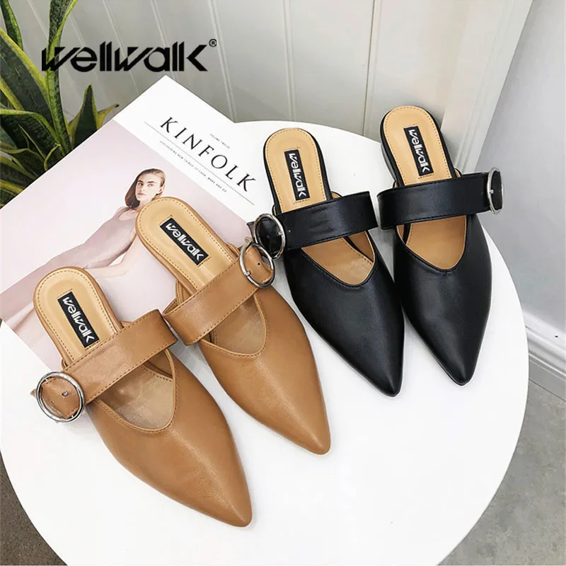 

Wellwalk Flat Slides Women Pointed Toe Shoes Ladies Flat Slippers Women Brand Shoes Female Flat Mules Women Designer Slippers