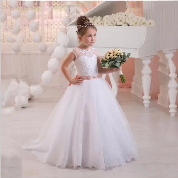 White Flower Girl Dresses Pink Sash Lace Up Girls Birthday Party Communion Gown Children Girl Party Dresses White Flower Girl Dresses Pink Sash Lace Up Girls Birthday Party Communion Gown Children Girl Party Dresses