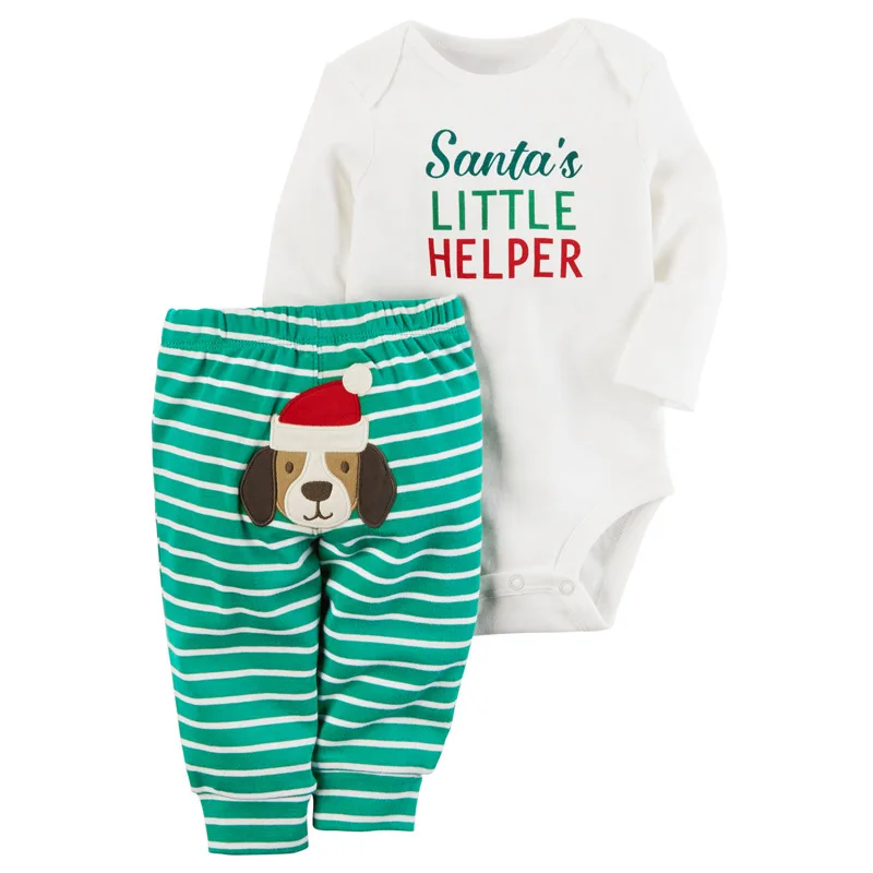 

Cute Christmas Baby Clothing Santa's Little Helper Baby Bodysuit+Striped Pants 2PCS Infant Baby Boys Christmas Clothes DS19