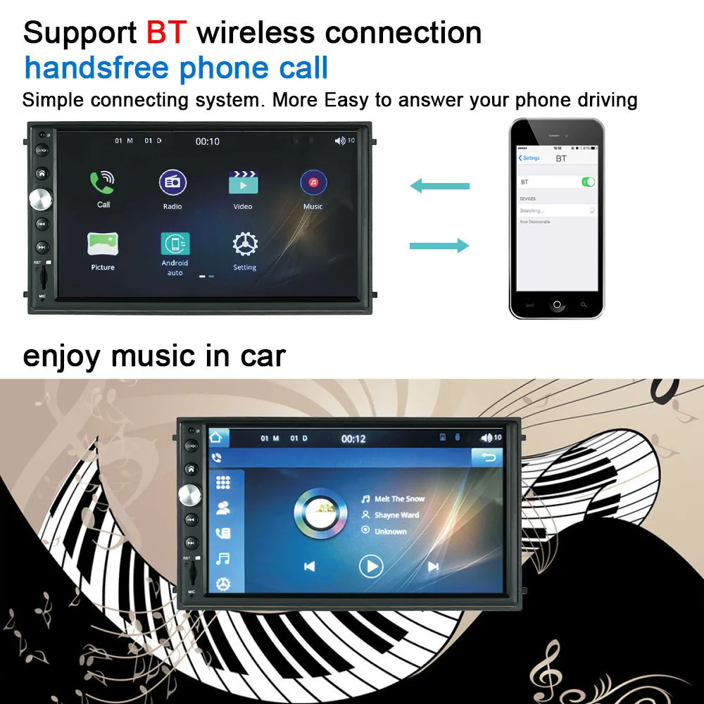 Best Car Audio Touchscreen Player 7" Double Din HD BT AM/FM with Rearview Camera for iPhone Android Phones 8