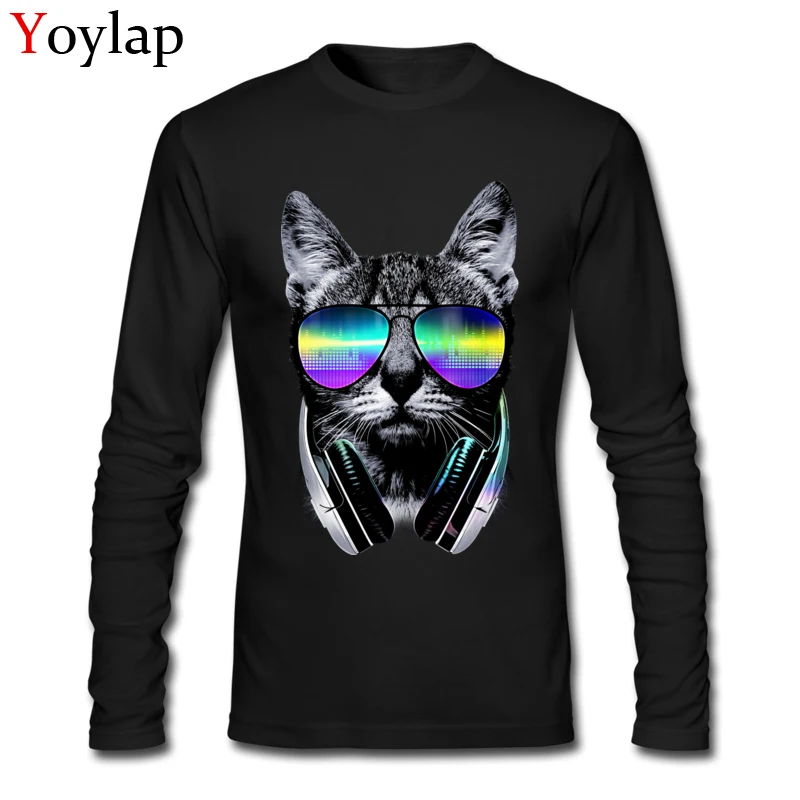 2017 Fashion Men's T Shirt O-Neck Summer Fall Long Sleeve Cotton Fabric Tops Shirts Music Lover Cat V.II Custom Clothing Shirt Music Lover Cat V.II black