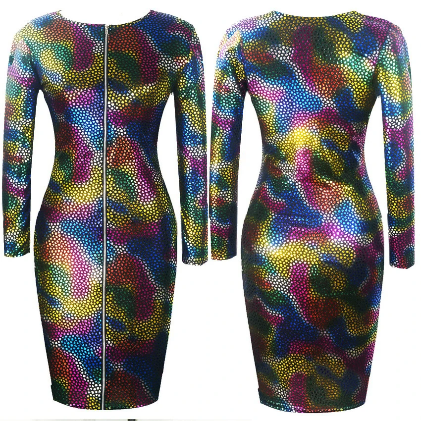 

Plus Size Sexy Snake Skin Faux Leather Bandage Pencil Dresses Long Sleeve Front Zipper Party Women's Midi Bodycon Dress