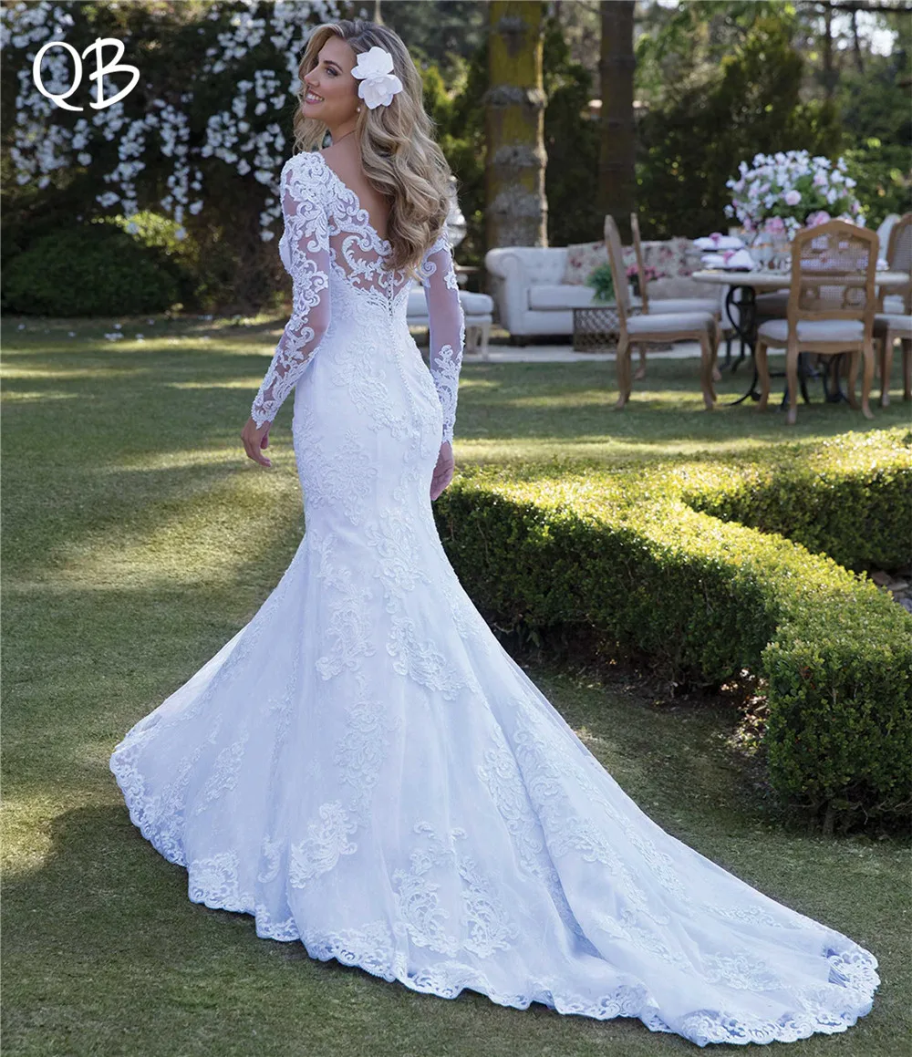 Vestido de Noiva 2019 Новые свадебные платья платье-Русалка с длинным рукавом Кружевное платье с жемчугом тюль вечерние пикантные невеста