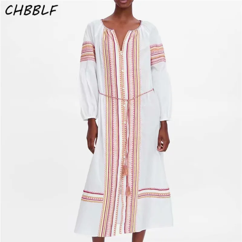 CHBBLF женское народное платье emnroidery с длинным рукавом-фонариком украшенное