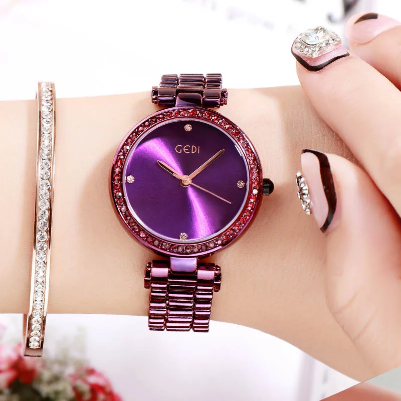 GEDI Rosegold для женщин часы кварцевые леди платье водостойкие женские модные Элитный бренд s наручные - Цвет: Purple