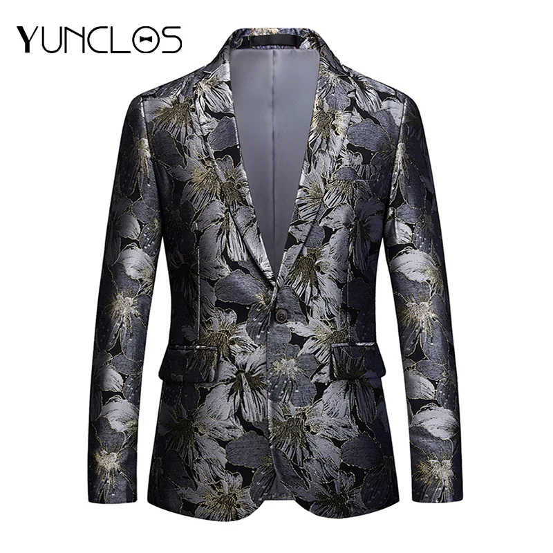 YUNCLOS Flower Jacquard Suit Blazer For Men Slim Fit Wedding Party Suit ...