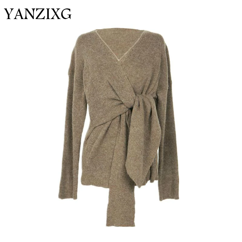 Women Sweater V-neck Bandage Sweater Women White Coffee Gray All Match Cardigans Sweaters Womens Autumn 2019 Fashion Z417