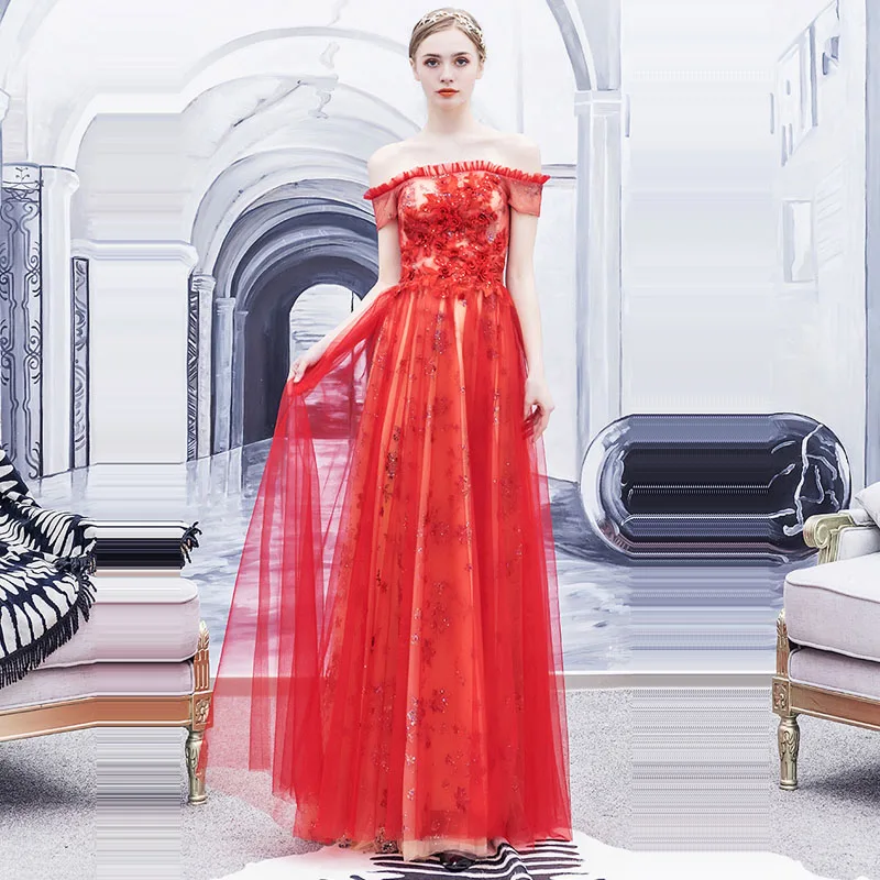 

Evening Dresses Red Boat Neck Robe De Soiree Crystal Elegant Women Party Dress 2019 Plus Size Short Sleeve Evening Gowns E627