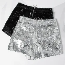 Short moulant à paillettes pour femme, Sexy, taille haute, avec anneau torique, fermeture éclair, pour fête, Club, Festival, Raves, Pole Dance