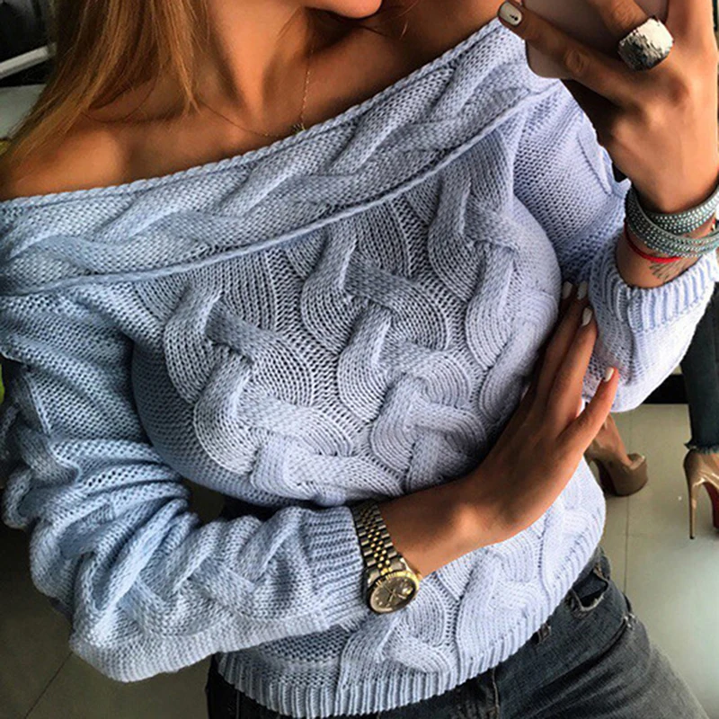 Winter Plus Size Korean Knitted Off Shoulder Streetwear Sweater Neck Long Sleeve Women Sweaters And Pullovers Knitwear | Женская одежда