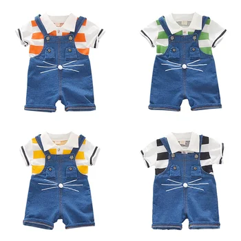 

Summer Baby Boys Clothing Sets Short Sleeve Stripe Print Tops Blouse +Suspender Pants Children Casual Outfits Sets