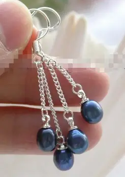 

free shipping >A8 Genuine Natural 7x9mm blue drip pearl Earrings Dangle 925ss