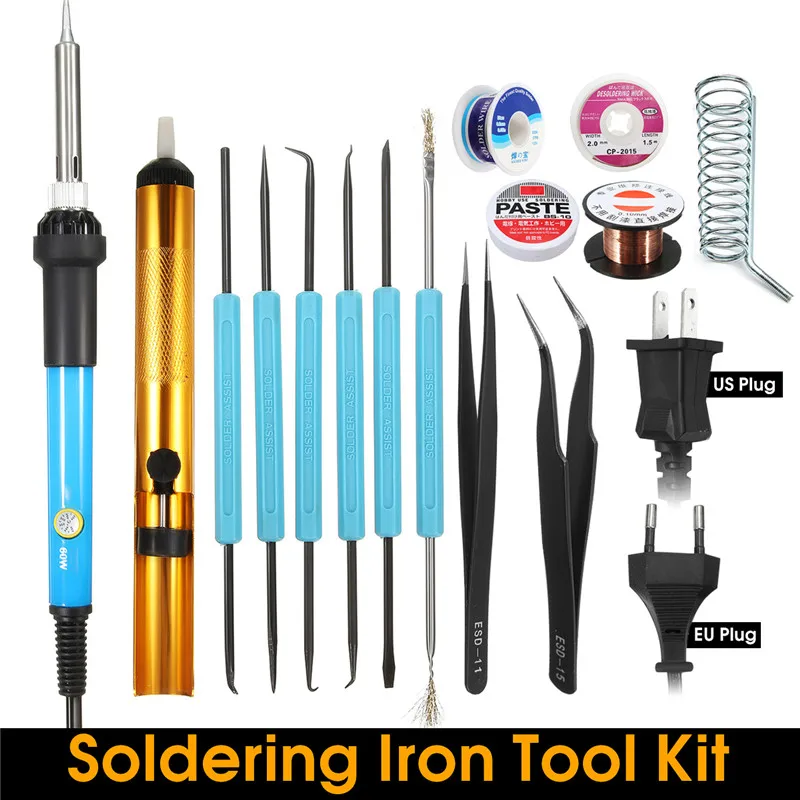 

Powerful 60W Adjustable Temperature Welding Solder Soldering Iron Tool Kit 110V 220V with 6 Soldering Tools