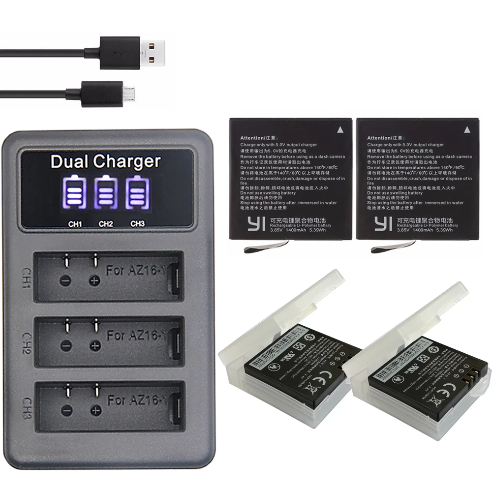 

3.85V 1400mAh xiaoyi 2 Battery Original mi 4k Batteries + LED USB 3slots Charger for xiaomi yi action camera 4k