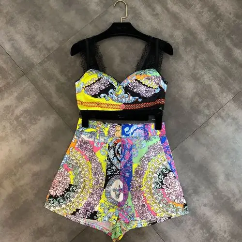 

Summer New Lace Shoulder Strap Color Vest with High Waist Shorts Set Girl Holiday Seaside Two Piece Sets Outfit Women