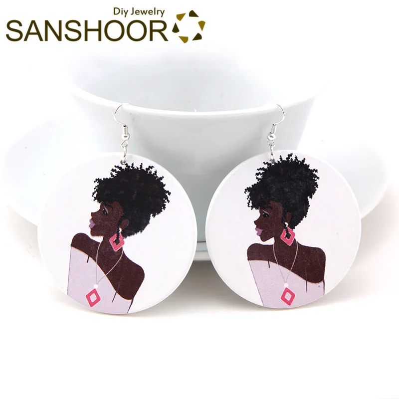 Круглые серьги подвески SANSHOOR 6 см с принтом афро Кроли деревянные висячие