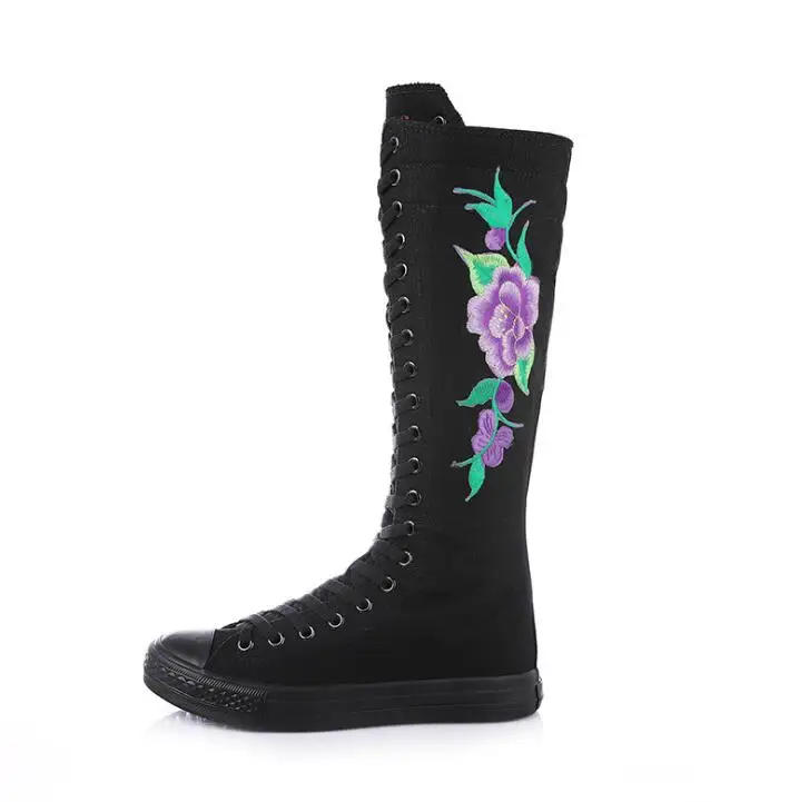 Женские высокие парусиновые сапоги с цветочной вышивкой; женские сапоги до колена на молнии сбоку; сезон весна-осень; Женская парусиновая обувь; кроссовки на плоской подошве - Цвет: black purple flower