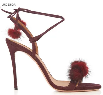 

2019 fashion women celebrity shoes open toe high heels party shoes summer pom pom sandals black dress shoes rabbit fur sandals