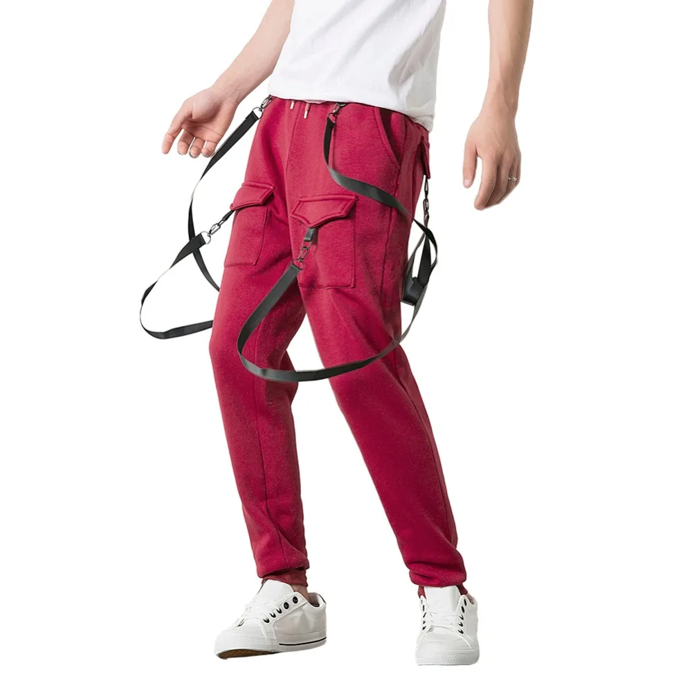 Модные для мужчин брюки для девочек уличная хип поп Strapped клапаном карман брюки с большим количеством карманов одноцветное цвет мотобрюки