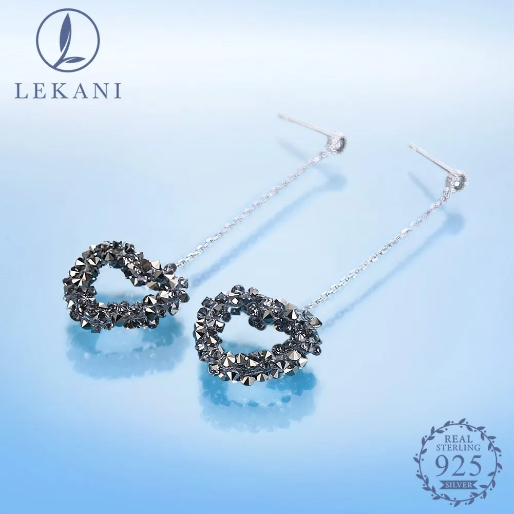 

LEKANI Crystal From Swarovski 925 Sterling Silver Earrings Romantic Heart Full Crystal Drop Earrings Engagement Gift