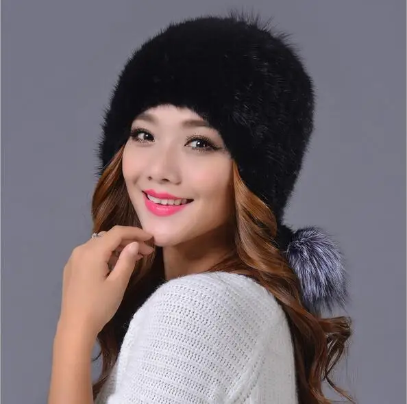 Фирменный дизайн, натуральная вязаная шапка из натурального меха норки, женская модная шапка из русского меха с ушками, MS-30 - Цвет: D