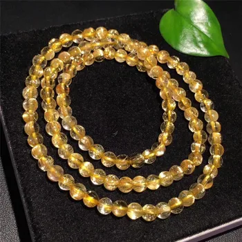 

5.4mm Natural Gold Brazil Rutilated Titanium Quartz Bracelet Woman Man Wealthy Gift Crystal Round Beads 3 Laps Charms Jewelry