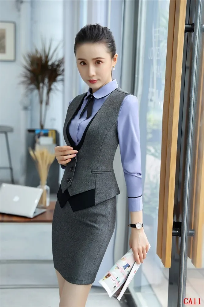 Формальные Для женщин Бизнес костюмы с 2 шт. футболка с длинными рукавами и юбка для дам Повседневная обувь жилет и блейзеры, униформы стили