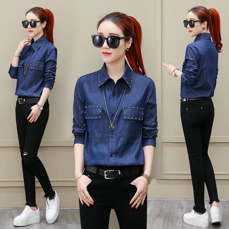 

spring Autumn Denim Shirt Women Long Sleeve Turn-Down Collar Blouse Women Jeans Female Blue Jean Shirt rivet Female Clothes