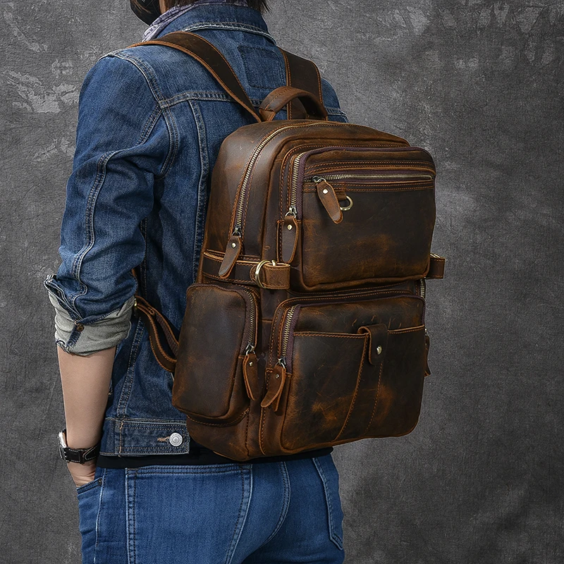 

Genuine Leather Backpack for Men 2019 Designer Handmade Vintage Rucksack Real Cowhide Leather Laptop Backpack Weekend Bag