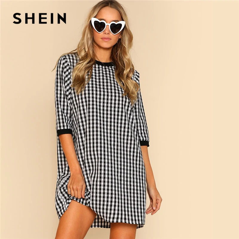 Goede SHEIN Geribbelde Trim Plaid Jurk Ronde Hals Half Mouw Vrouwen Boerenbont Katoen Shift Jurk Lente Weekend Casual Korte Jurk