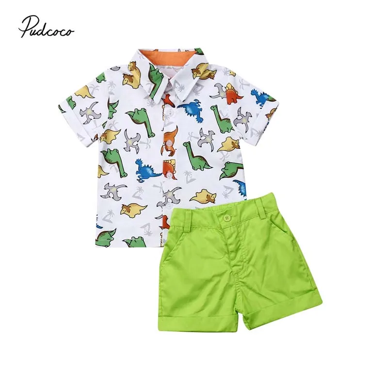 

2019 Brand Toddler Kids Baby Boys Summer Outfits Cartoon Dinasour Shirt Tops+Pants Formal Suit 2pcs Gentleman Clothes Set