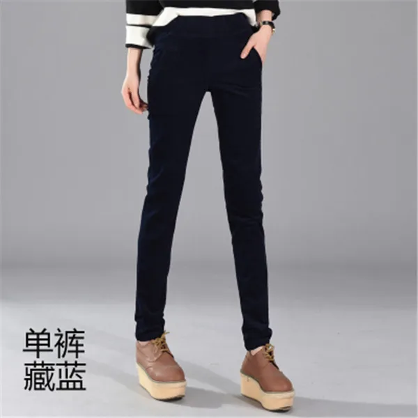Осенне-зимние женские брюки вельветовые длинные брюки с высокой талией брюки размера плюс толстые эластичные талии плюс бархатные брюки карандаш W474 - Цвет: Dark blue