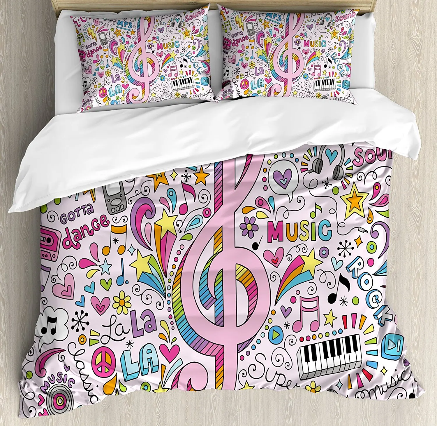 

Party Duvet Cover Set Music Clef Groovy Psychedelic Doodles Hand Drawn Hippie Symbols Signs, Decorative 4 Piece Bedding Set